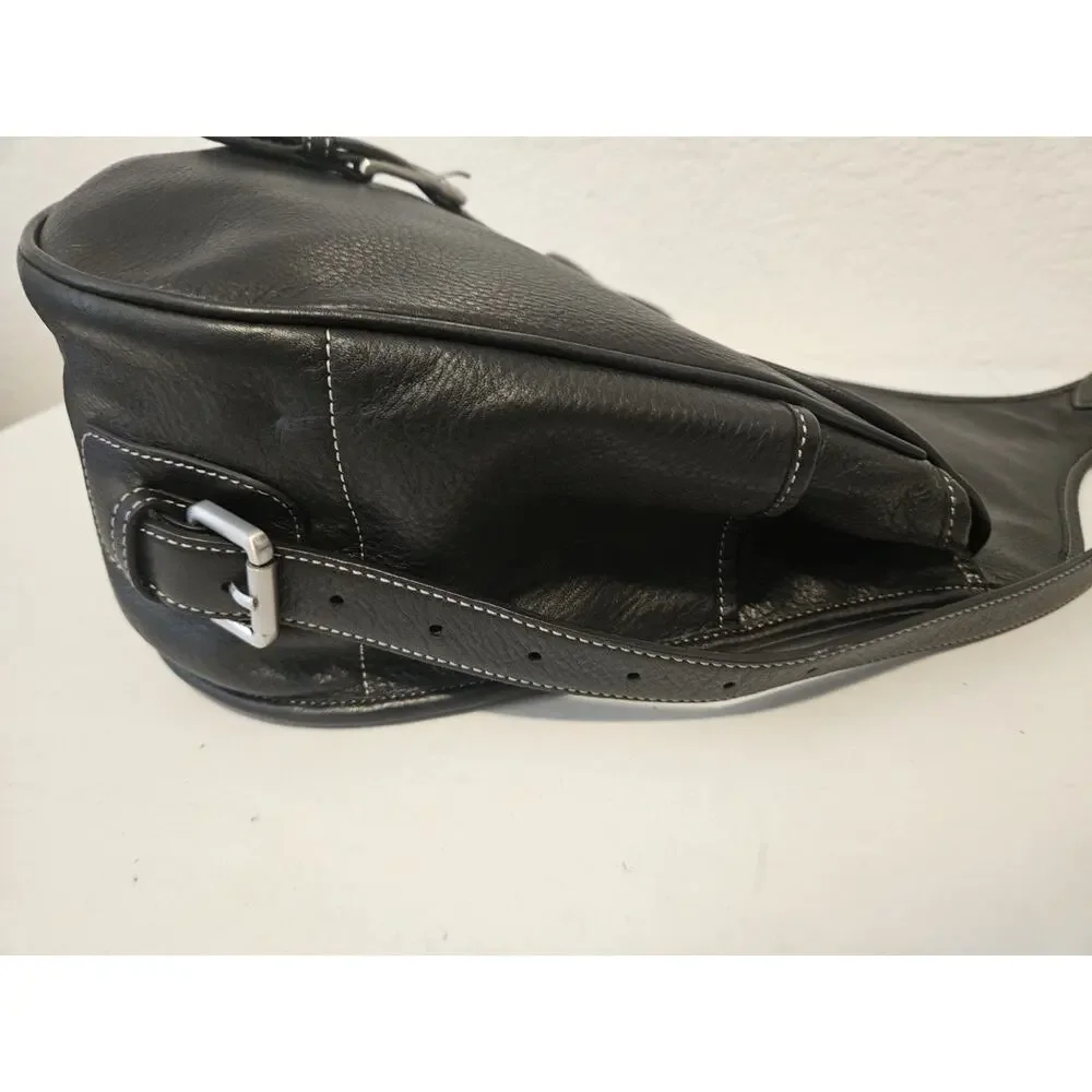 Levenger Black Leather Saddlebag Sling Backpack Bag Black EUC